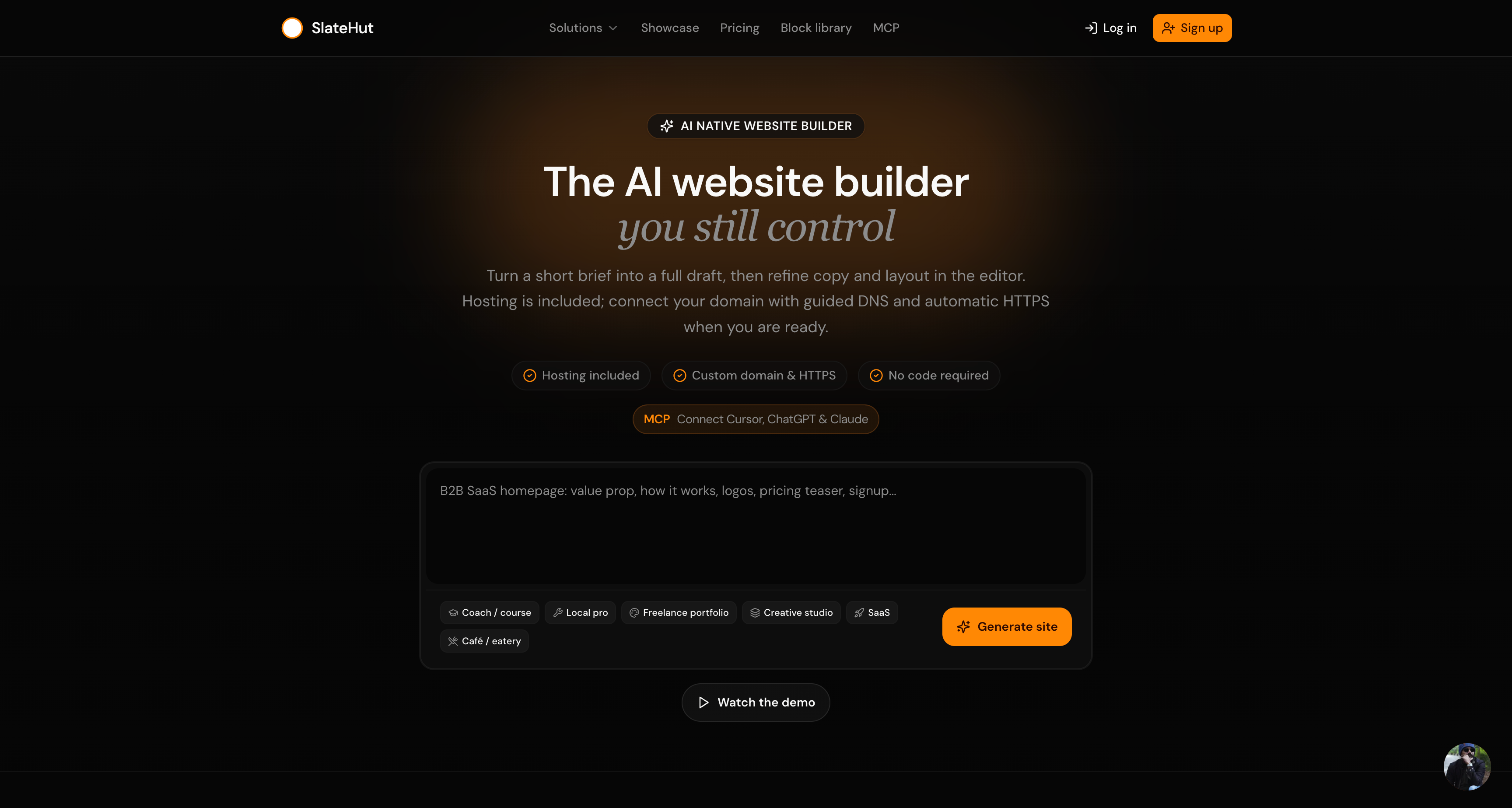 SlateHut AI website builder: live preview of a generated marketing site with hero, sections, and polished layout